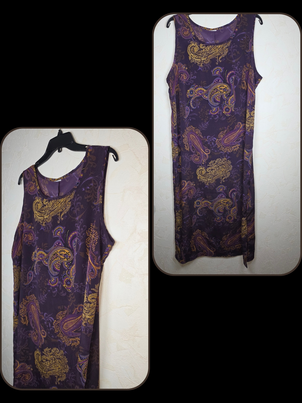 Vtg 90s Purple & Gold Paisley Midi Dress Sleeveless Grunge Whimsigoth Size XL